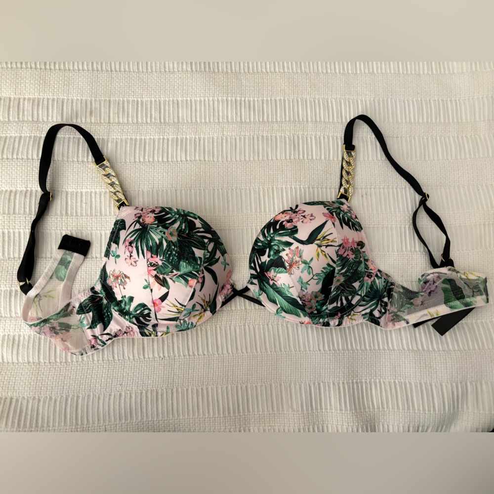 Women’s Victorias Secret Bra Very Sexy Plunge Tropical Print Push Up 34A